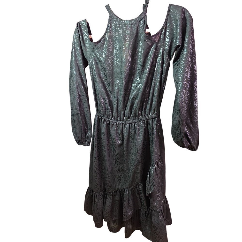 Michael Kors Metallic Snakeskin Cold Shoulder Ruffle Midi Wrap Dress Black XS - Picture 4 of 12
